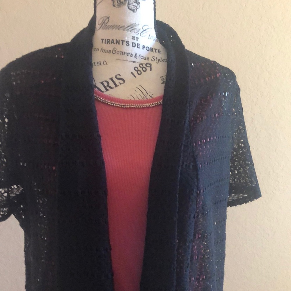 Black cardigan, sheer lacy. Coverup!